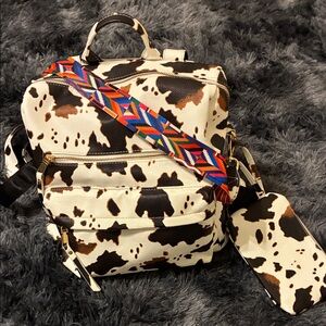Cow Print Backpack with Colorful Strap